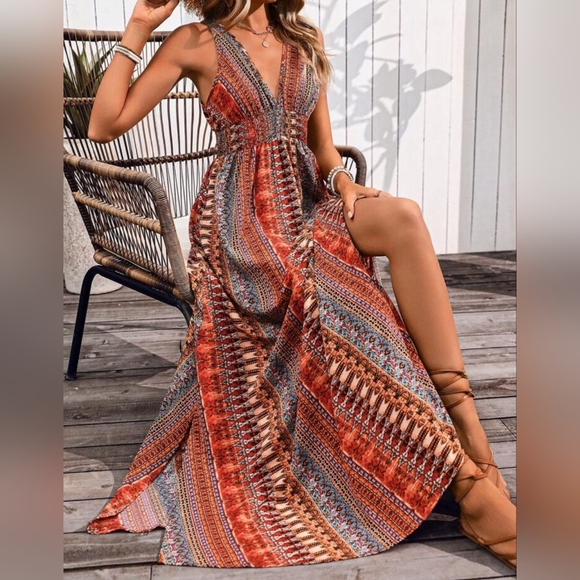 New Boho Tribal Print Tie Back Maxi Dress Red Orange Black - Picture 2 of 8